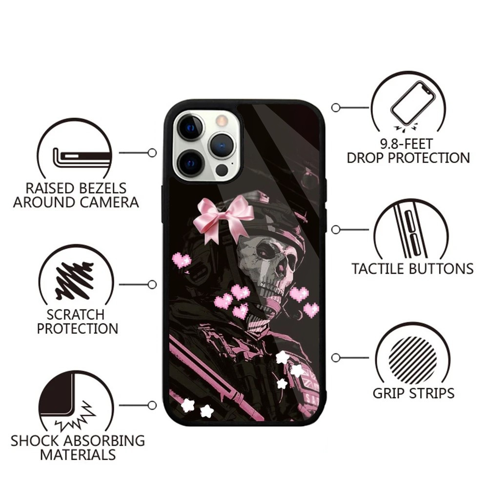 Coque iPhone Design Tête de Mort Militaire avec Nœud Rose