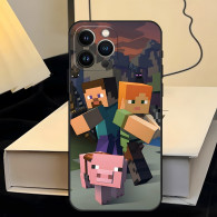 Coque iPhone 15 Minecraft Steve, Alex et Cochon - Design Exclusif