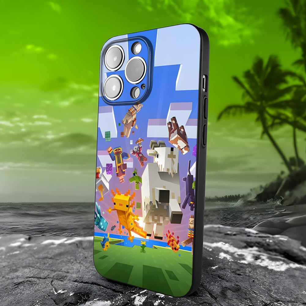 Coque iPhone 15 Plus Minecraft - Personnages et Paysage Emblématiques