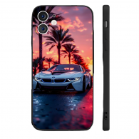 Coque iPhone 13 mini - BMW i8 Blanche - Coucher de Soleil - Sportive