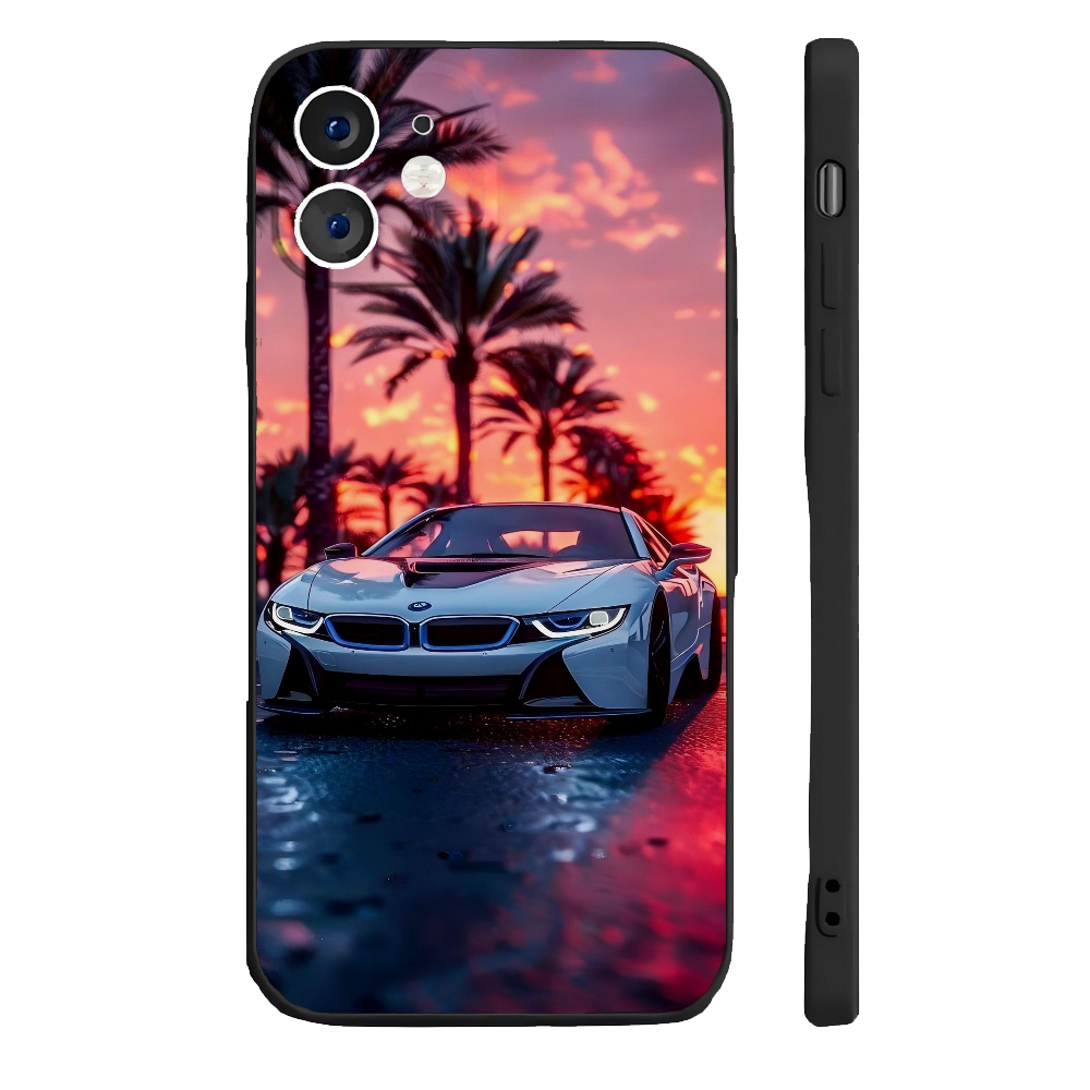 Coque iPhone 13 - BMW i8 Blanche - Coucher de Soleil - Sportive