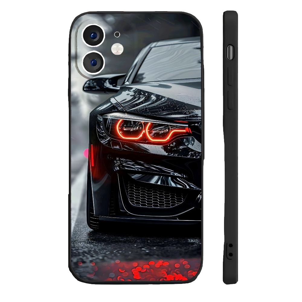 Coque iPhone 14 Plus Voiture Sport Noire et Phares Rouges