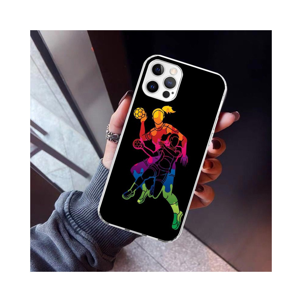 Coque iPhone 14 Pro Max Handball : Joueuses en Action Arc-en-Ciel